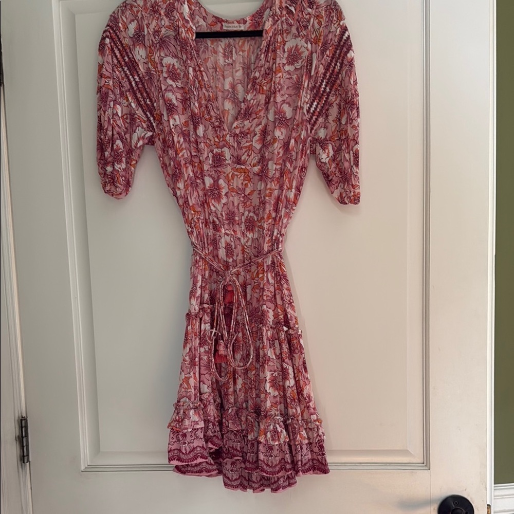 Poupette St. Barth Pink and White Puff Sleeve Sundress size small